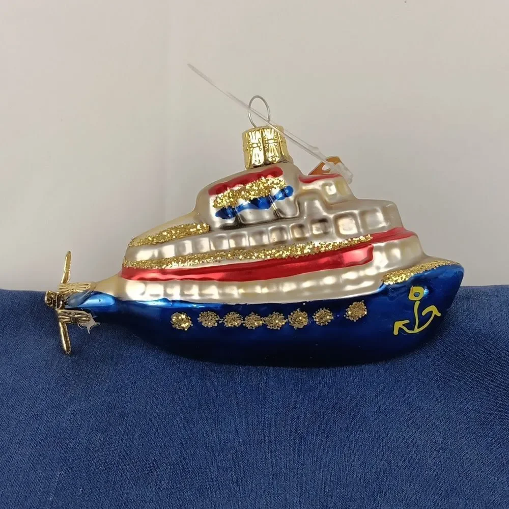 Discovery Channel Blown Glass Ornament Ship Yacht Glitter Christmas Tree Holiday